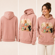 Couch Cushion Castle pullover hoodie — inferred plain back, three-quarter side, and adult model views