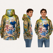 Courtyard Mosaic Hop — All-Over Print Hoodie — inferred back, side and adult model views from approved front artwork