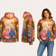 Courtyard Music Hour — All-Over Print Hoodie — inferred back, side and adult model views from approved front artwork