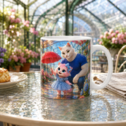 Representative lifestyle visualization of the Covered Walkway Rain Tap ceramic mug in a bright glass garden after rain
