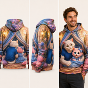 Cozy Blanket Fort — All-Over Print Hoodie inferred back, three-quarter side and adult model views — The Fluffy Fam
