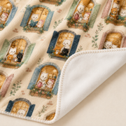 Cozy Windows Repeat printed face, pure white reverse and finished stitched polyester fleece edge detail