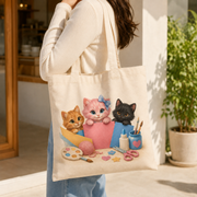Representative shoulder carry of the Natural Craft Day Carryall canvas tote with front artwork only