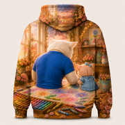 Crayon Garden Morning — All-Over Print Hoodie — inferred back view from approved front artwork — The Fluffy Fam
