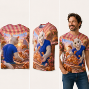 Croissant Canopy Catch — All-Over Print T-Shirt inferred back, three-quarter side and adult model views — The Fluffy Fam