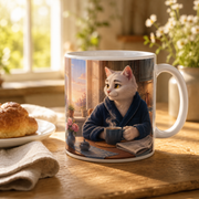 Representative lifestyle visualization of the Dad Cat First Coffee ceramic mug on a warm breakfast table