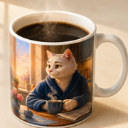 Representative visualization of the Dad Cat First Coffee ceramic mug rim, glossy glaze and coffee in use