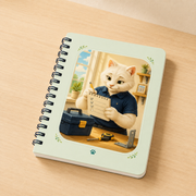 Representative desk view of Dad Cat Fix-It Notes spiral notebook with navy wire binding