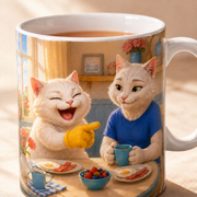 Glossy ceramic mug rim and wraparound breakfast artwork detail