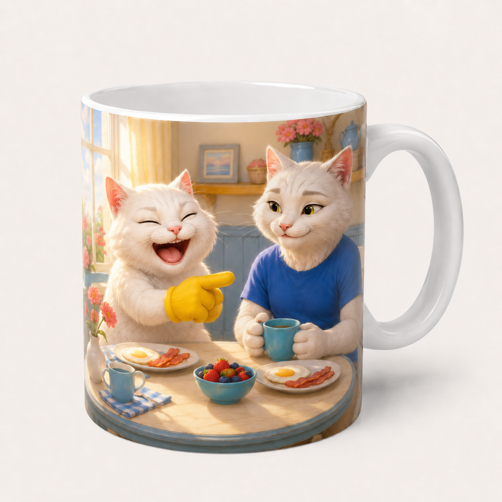 Dad Joke Approved ceramic mug front with laughing cream cat and Dad Cat at breakfast