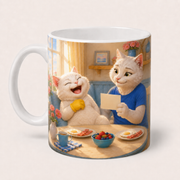 Dad Joke Approved ceramic mug reverse with laughing cream cat and Dad Cat holding a blank joke card