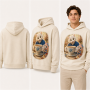 Dad's Tea Surprise pullover hoodie — inferred plain back, three-quarter side, and adult model views