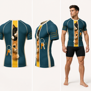 Door Gap Surveillance Short-Sleeve Compression Shirt — inferred back, side and adult model views from approved front artwork