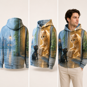 Doorstep Guest pullover hoodie — inferred continuous back, three-quarter side, and adult model views