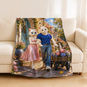 Representative sofa scene with Doorstep Journey Finish fleece blanket printed face visible