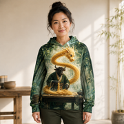 Adult model wearing the Dragon From Dough all-over print hoodie.