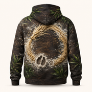 Back view of the hoodie with a noodle dragon crest, bamboo leaves, and meeting footprints.