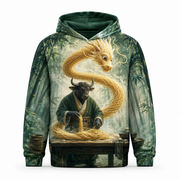 Front view of an emerald pocketless hoodie featuring an ox artisan and a golden noodle dragon.