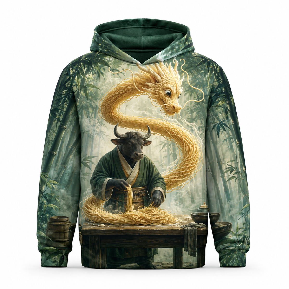 Front view of an emerald pocketless hoodie featuring an ox artisan and a golden noodle dragon.