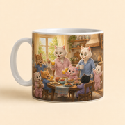 Representative visualization of Family Breakfast Table ceramic mug from the inferred reverse three-quarter side, with handle on the left