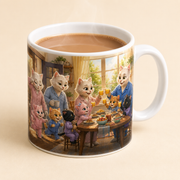 Representative product visualization showing the Family Breakfast Table ceramic mug rim, glossy glaze, handle and warm beverage