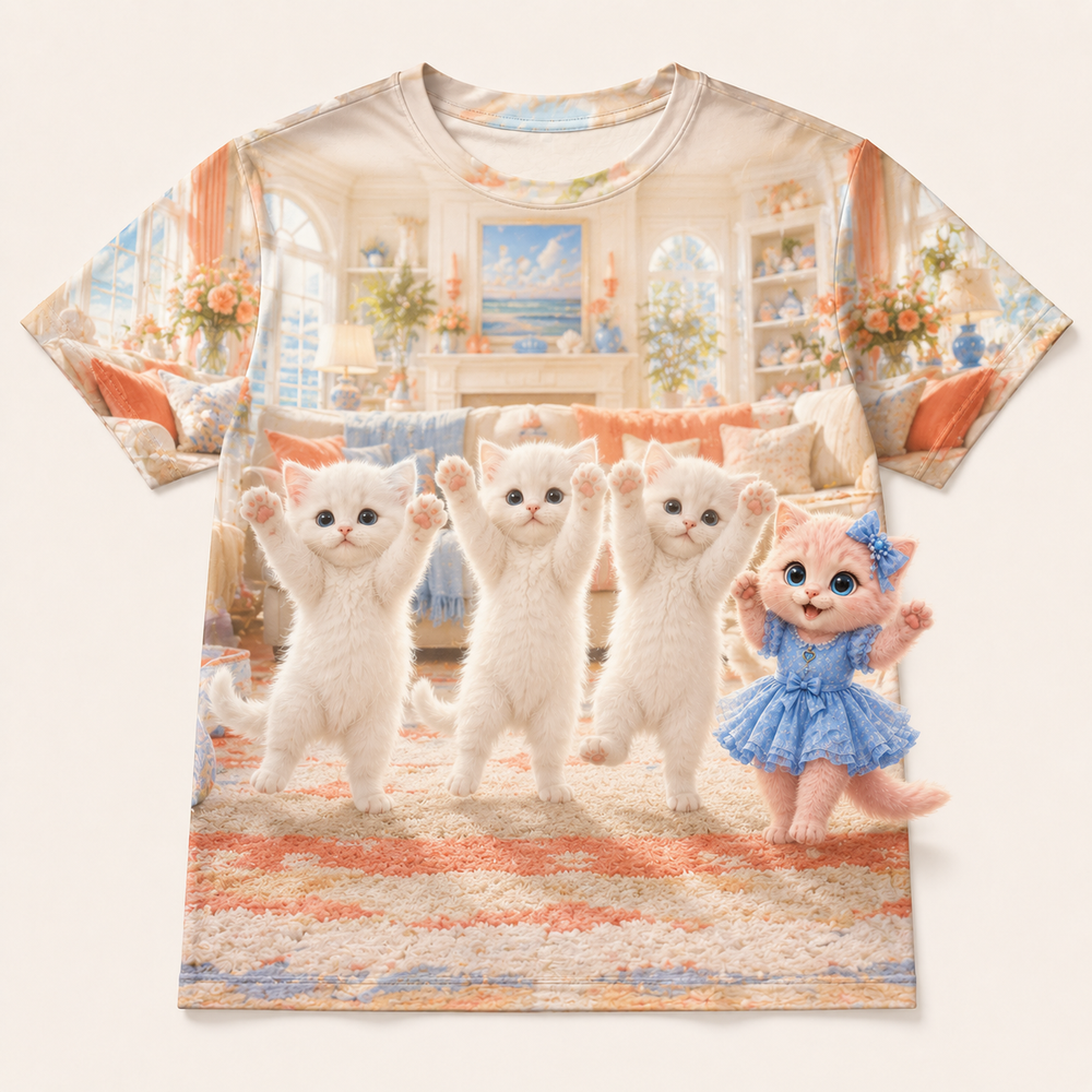 Family Dance Practice all-over print T-shirt front view with three white dancing kittens and Pink Kitten