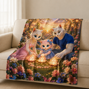 Representative neutral-sofa display of one Family Lantern Circle fleece blanket with the color-printed face visible