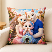 Representative sofa view of Family Portrait Timer throw pillow with polyester insert