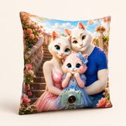 Representative back three-quarter view of Family Portrait Timer double-sided throw pillow
