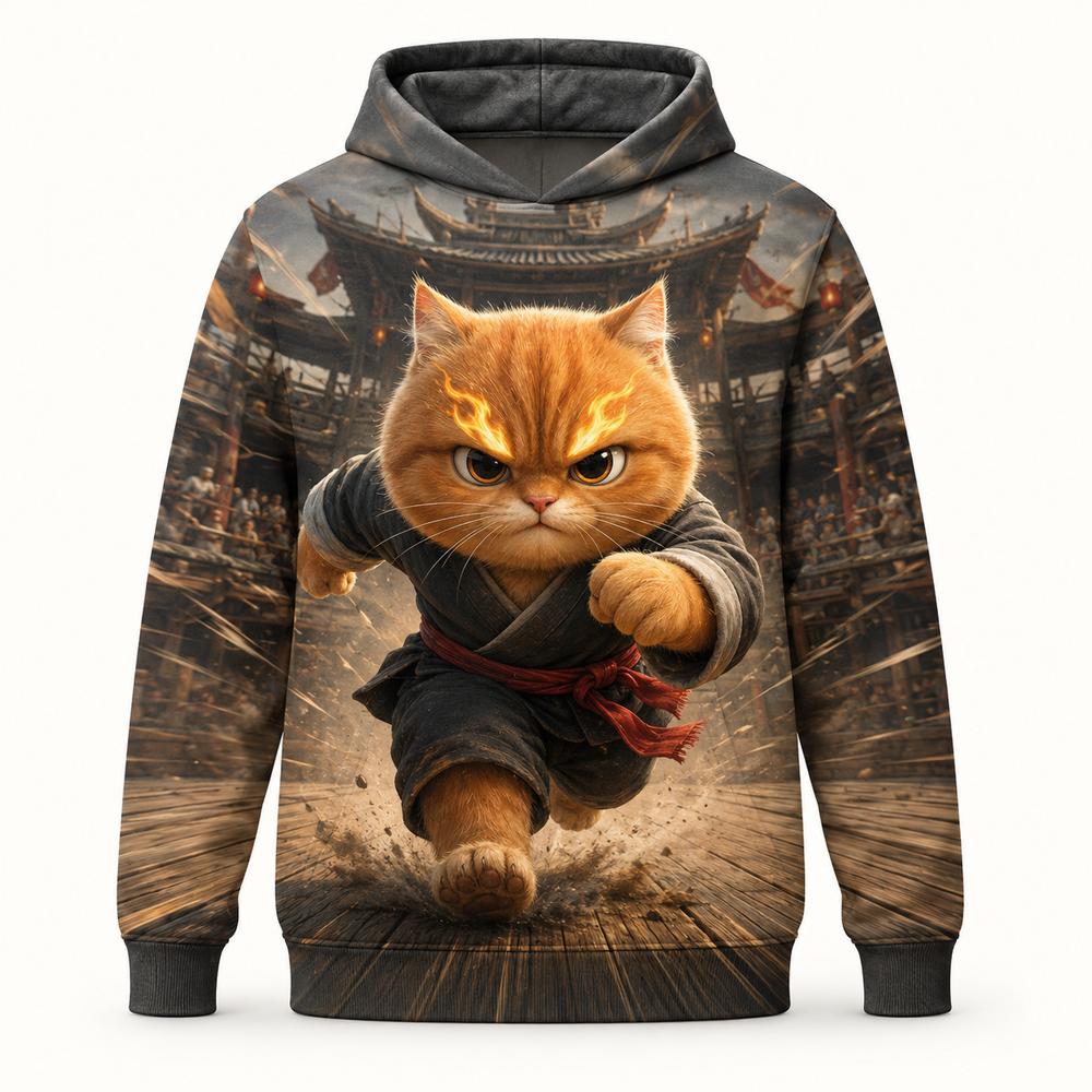 Front view of a charcoal pocketless hoodie featuring an orange cat sprinting through a wooden arena.