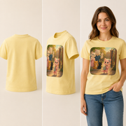 First Day Brave kids T-shirt — inferred plain back, three-quarter side, and adult model views