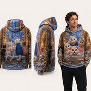 First Snow Window Pullover Hoodie — inferred back, side and adult model views from approved front artwork