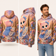 Floral Hoop Stitch all-over print hoodie — inferred back, three-quarter side, and adult model views