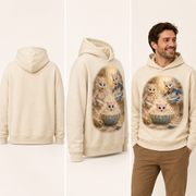 Flour Cloud Pullover Hoodie — inferred back, side and adult model views from approved front artwork