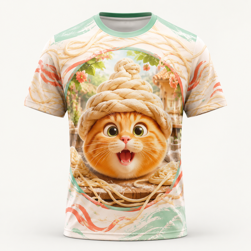 Front view of Flour-Crown Surprise all-over print T-shirt with a surprised orange cat in a dough crown.