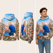 Flower Garland Circle — All-Over Print Hoodie — inferred back, side and adult model views from approved front artwork