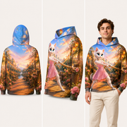 Flower-Knot Strength Pull — All-Over Print Hoodie — inferred back, side and adult model views from approved front artwork