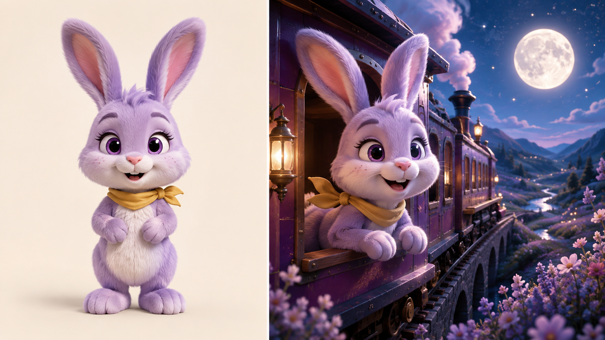 Studio example showing a lavender rabbit avatar transformed into a finished animated night-train movie scene