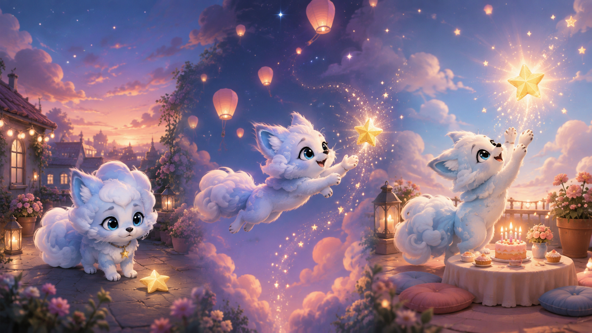 Illustrative Custom Story demonstration turning a cloud fox idea into a beginning, turning point and ending