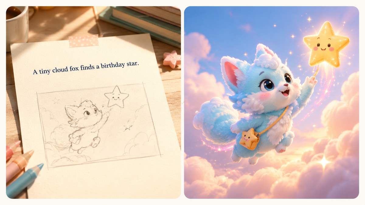Studio example showing one sentence about a cloud fox transformed into a finished animated birthday scene