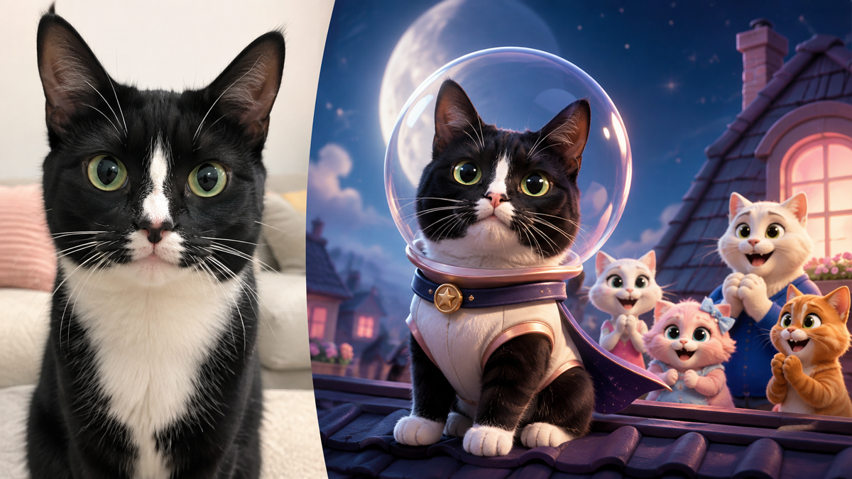 Studio example showing a tuxedo cat pet photo transformed into a space-adventure Mini Cameo frame