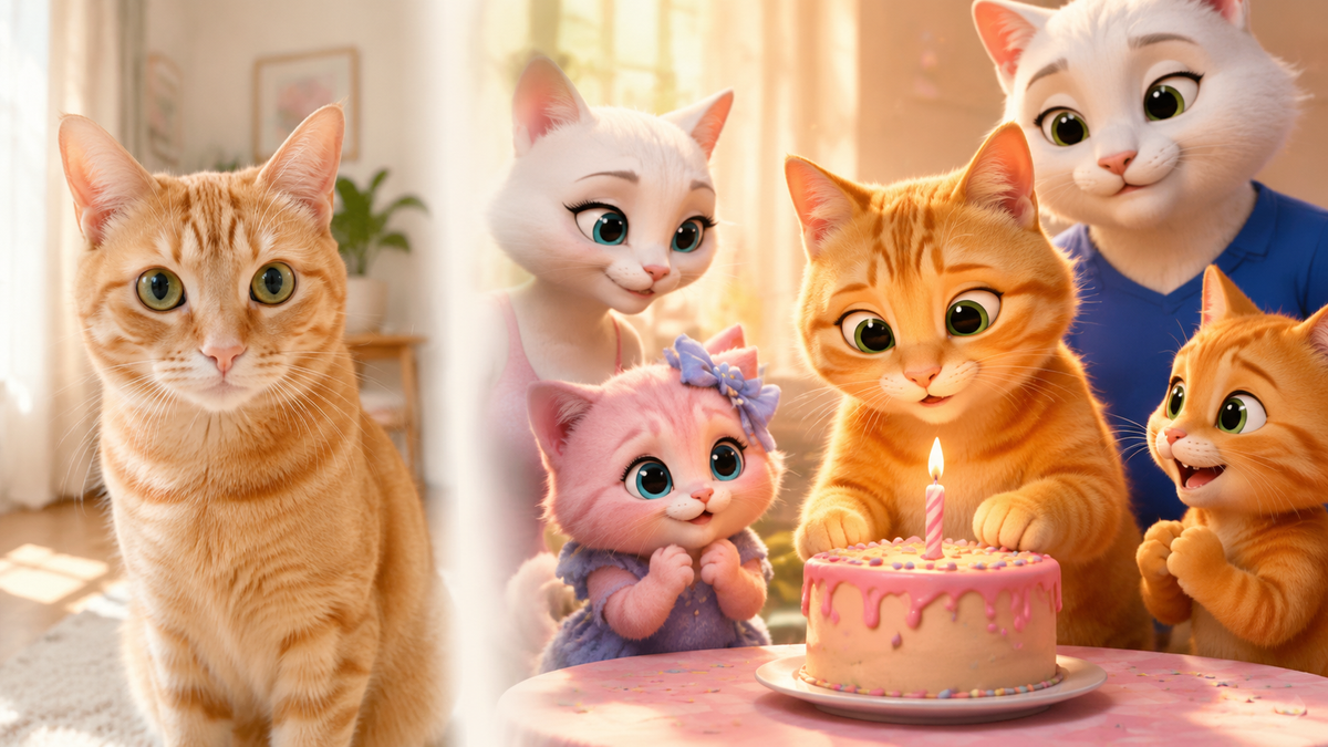 Studio example showing an orange tabby pet photo transformed into a birthday Mini Cameo frame