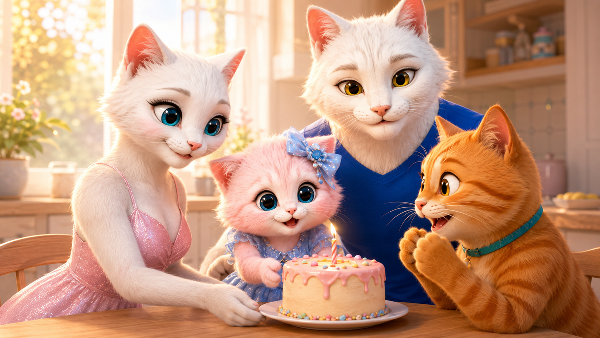 Illustrative studio sample: The Fluffy Fam welcomes an orange guest cat with a birthday cake