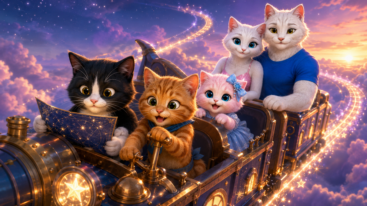 Illustrative studio sample: two guest cats lead The Fluffy Fam on a starlight train adventure