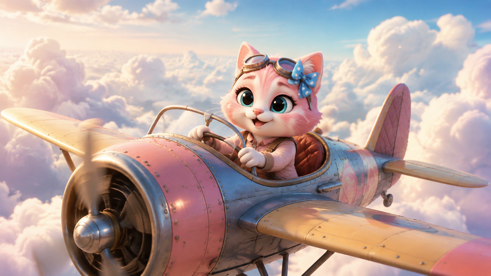 Pink Kitten flying a storybook airplane above the clouds