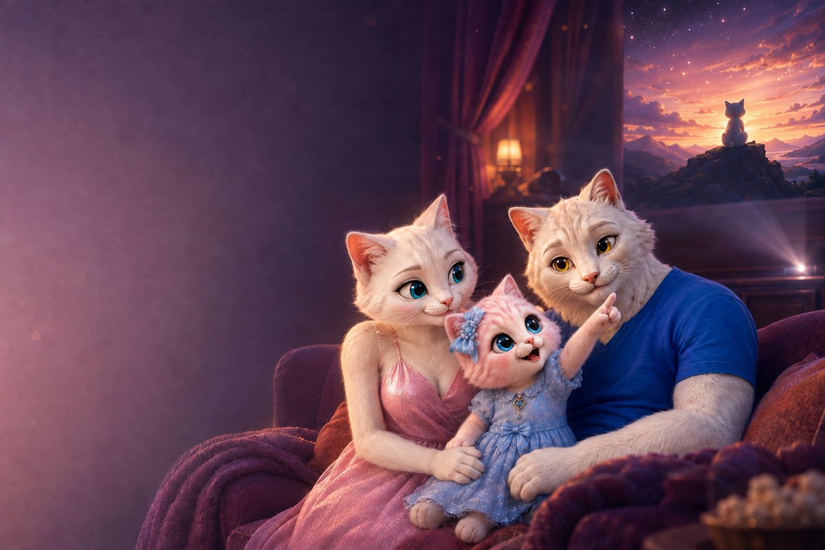 The Fluffy Fam watching a cat story together at home