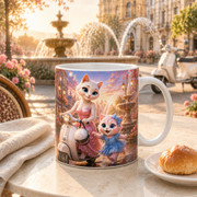 Representative lifestyle visualization of the Fountain Circle Scooter Stop ceramic mug on a bright fountain-square café terrace
