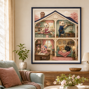 Representative framed room visualization of Four Rooms, One Home art print; print sold unframed, frame and mat not included