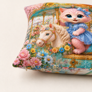 Four-Season Carousel throw pillow detail showing polyester print texture, bottom stitching and concealed zipper
