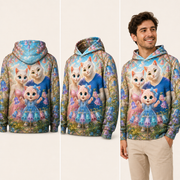 Foxglove Bell Concert all-over print hoodie — inferred back, three-quarter side, and adult model views